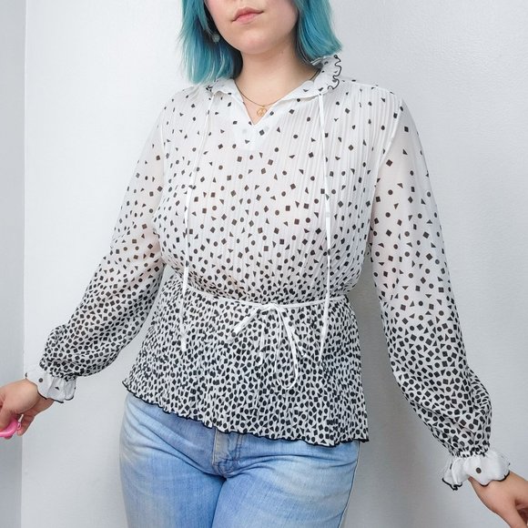 Vintage 1970s White & Black Geometric Print Pleated Ruffle Blouse - Picture 1 of 6